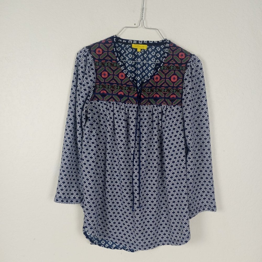 EZRA Boho Blouse Tassels‎ Blue/White M